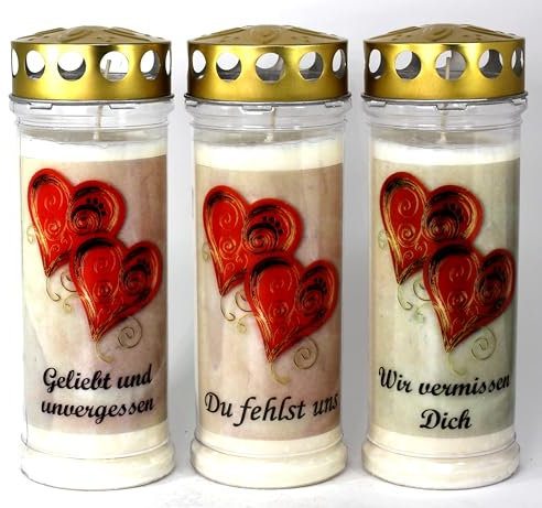 Kerzen Junglas - 3 Grabkerzen, 7 Tagen Brenndauer, (3974), Grablichter mit Spruch und Motiv. Grabschmuck wetterfest mit Deckel, Trauerkerzen, Friedhofskerzen