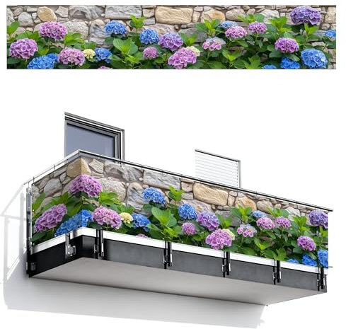 MuchoWow© Balkongeländer Sichtschutz Einseitig 95x500 cm Groß PVC Garten Windschutz Seitlich ohne Bohren Wetterfest Zaunsichtschutz Terrasse Balkon Abdeckung Blumen - Steinoptik - Bunt