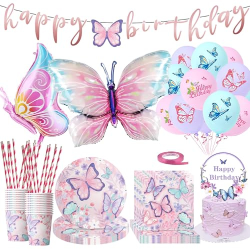 LPZMPZ Decoration Anniversaire 100 Pièces Vaisselle de Fête Papillon Avec Ballons, Tasses, Serviettes, Pailles, Bannières Décoration, Cake topper, Convient Pourvaisselle de Papillon pour 20 Invités