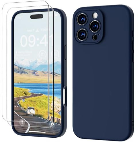 GOODVISH 3 IN 1 for iPhone 16 Pro Max Case 6.9 inch, Upgraded Camera Protection, 2 Pack HD Screen Protector, Liquid Silicone Anti-Scratch Shockproof Gel Rubber Non-Fingerprint Phone Case, Navy Blue