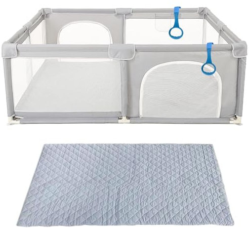 MUL-BOUTIQUE Laufgitter für Babys, modulierbar, 150 x 150 cm, faltbar, großer Laufstall für Kleinkinder mit Tür, Reißverschluss, mit Teppich, Hellgrau