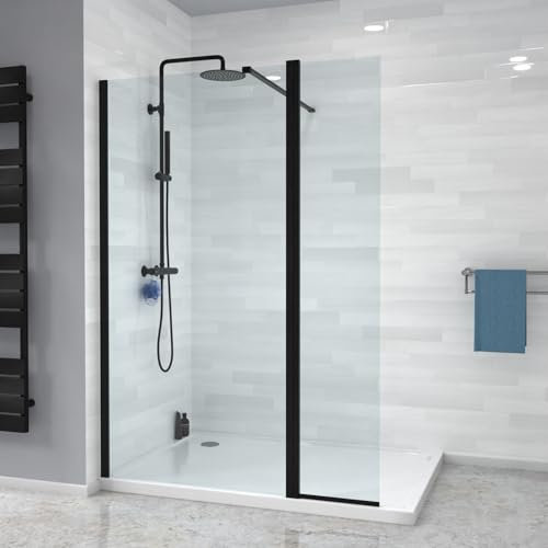 Nes Home Black 900mm Shower 8mm Tempered Glass Screen With 30omm Flipper Panel