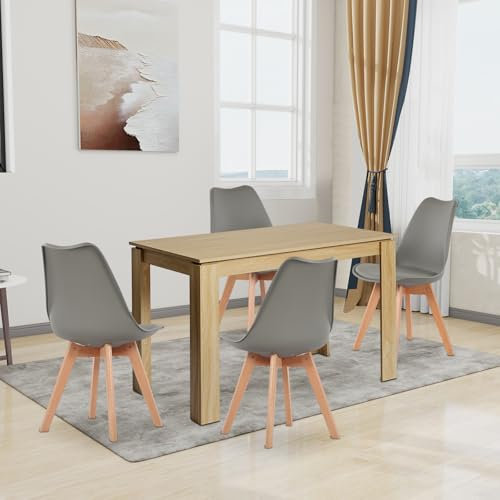 FURNITABLE Esstisch mit 4 Stühlen Esszimmergruppe, 4er Set Esszimmerstühle und 110CM Rechteckig Holztisch Essgruppe für Wohnzimmer Küche Büro (Eiche Tisch+4 Grau Stühle)