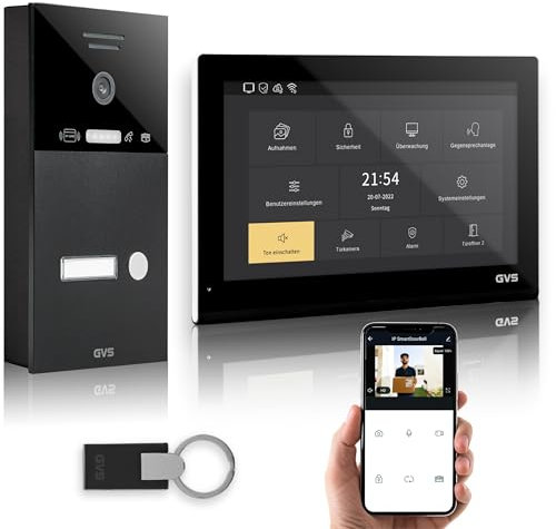 GVS - IP Video Türsprechanlage mit Türöffner, RFID Zugang, HD Kamera, 1x 10 Zoll Monitor & App - Smarte Video Türklingel mit Kamera & Gegensprechanlage für 1 Familienhaus (AVS5536A)