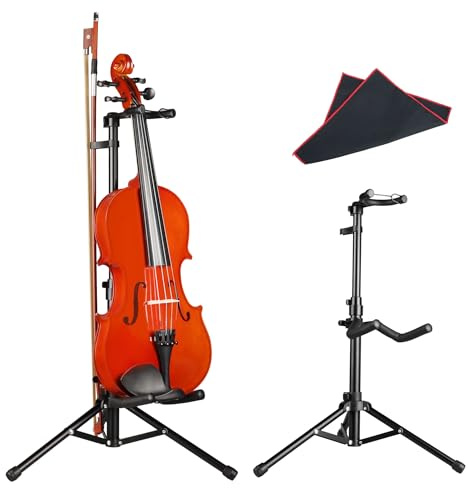 Mr.Power Universal Violin Ukulele Stand with Bow Holder, Head Locking Instrument Tripod Holder for Mini Guitar, Fiddle, Mandolin Soprano Concert Tenor Ukulele, for Home School Studio Churches Display