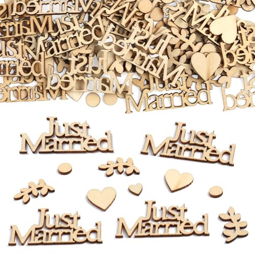 100 Stück Streudeko Hochzeit, Just Married Konfetti Aus Holz, Tischdeko Hochzeit mit 5 Muster, Hochzeitsdeko Tisch, Holz Konfetti Deko für Verlobbung Hochzeitsdekoration