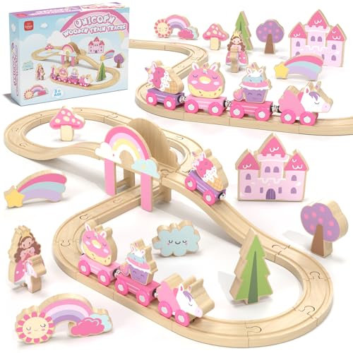 Lehoo Castle Train en Bois Licorne, Train Jouet Fille 3 4 5 6 Ans, Licorne Jouet, Compatible avec Brio, Thomas