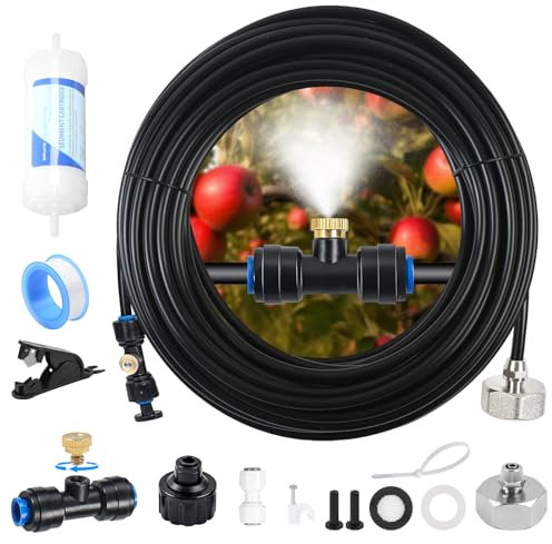 Gemsaya Misting Cooling System, 59 FT (18M) Misting Line with 18pcs Brass Mist Nozzles & Brass Adapter (3/4 + 1/2), Outdoor Misters Cooling System for Patio Garden Lawn Greenhouse