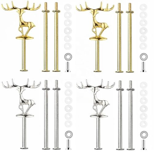 BetterJonny 4 Set Etageren Stangen, Etagere Bausatz Metallstangen Etagerenhalter Mittellochausstech 2 bis 3 Etage für Hochzeitstorte Tortenhalter Torten Etagere Tortenständer Gold Silber Elchhirsch