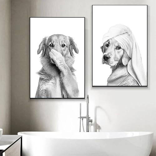 BeiYiHo Affiche Animaux WC Tableau Toilette Humour Poster Animal WC Noir et Blanc Toile Photo Salle de Bain Deco Murale Noir