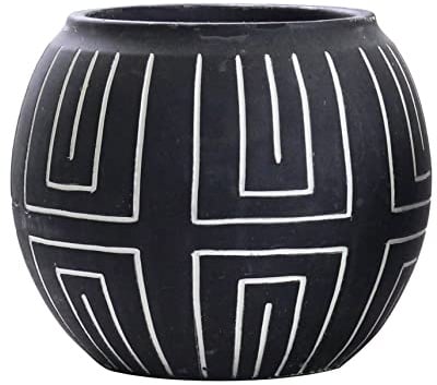 Olly & Rose Nile Pflanztopf und Vase, 15 cm Kugel, Keramik-Blumentopf, Schwarz mit geätztem weißem Muster, mittelgroße Blumentöpfe für drinnen und draußen, weiße Pflanzgefäße, Blumentöpfe