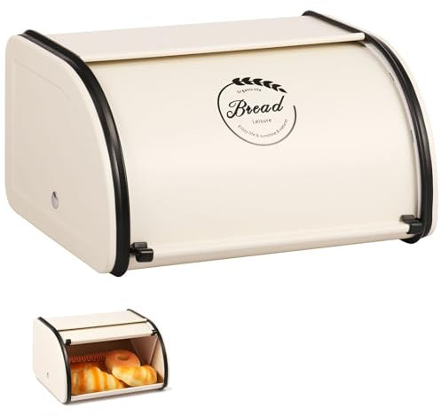 Gatphy Panera de metal esmaltado, 23 x 21 x 14 cm, con tapa enrollable, diseño rústico, panera de cocina, para almacenamiento a largo plazo de pan y galletas (línea blanca)