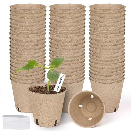 JNYONG Paquete de 60 macetas de turba de 3.15 pulgadas, macetas biodegradables para plántulas con agujeros de drenaje, macetas de germinación de jardín con 50 etiquetas para plantas