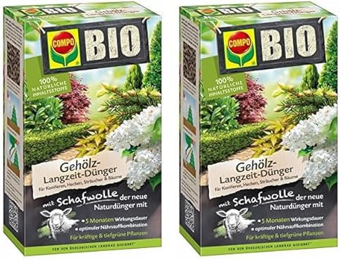 COMPO BIO Gehölz-Langzeit-Dünger mit Schafwolle für Koniferen, Hecken, Sträucher & Bäume, 5 Monate Langzeitwirkung, 2 kg, Braun (Packung mit 2)