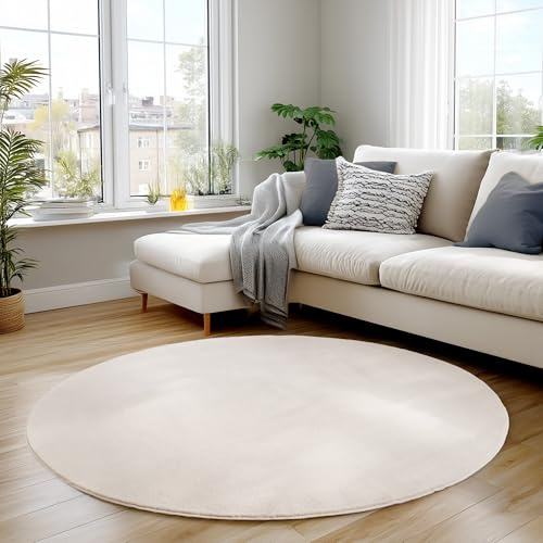 Carpettex Runder Teppich Creme 120 cm- Kurzflor Teppich Waschbar, rund, weich & rutschfest, modern einfarbiges Design für Wohnzimmer, Küche Schlafzimmer, & Kinderzimmer