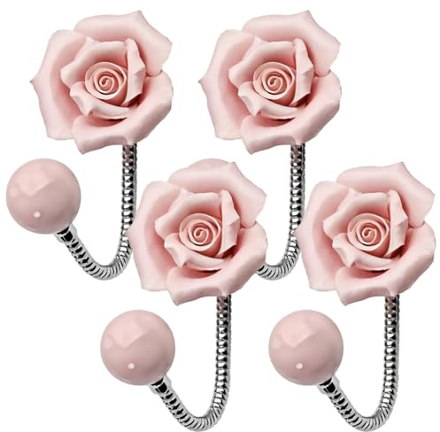 Lot de 4 crochets muraux en céramique en forme de rose pour écharpes, serviettes, sacs, pour salon, chambre, bureau, salle de bain, café