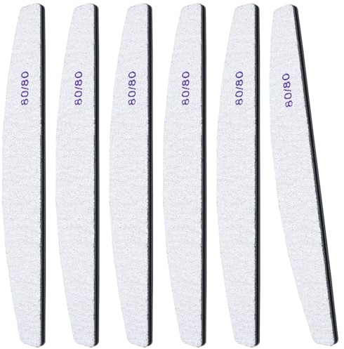 6Pcs Washable Professional Nail Files, 80/80 Grit Double Sided Nail Files for Natural Gel and Acrylic Nails, Half-Moon Fingernail File Manicure Tools Nails Buffing Block for Home Salon