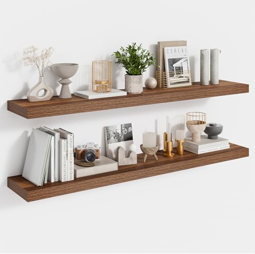 Feihorrm Schweberegal 2er Set, Wandregal Walnuss, 90cm Regal, Regal Wand | Regal Wand mit unsichtbaren Halterungen, Wandregal Holz für Büro, Badezimmer, Schlafzimmer, Küche und Wohnzimmer