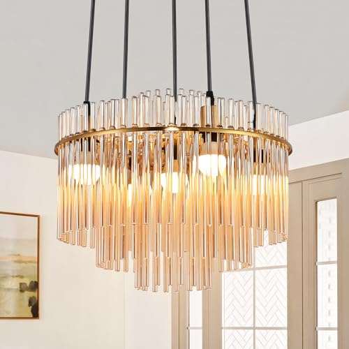 Lichtmaler Pendelleuchte 5 Flammig Hängeleuchte Esstisch Glas Hängelampe | Rund Modern Pendellampe Gold E14 für Esszimmer Wohnzimmer Küche Hotel Cafe Bar, ohne Leuchtmittel