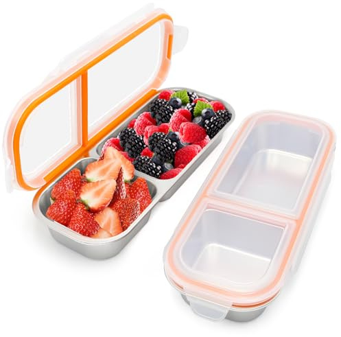 Rwbimti 2PCS Snackbox Mit 2 Fächern, Leckdichte Snackbox aus Edelstahl, Brotdose Mit Fächern, Bento Box Kinder für Sandwich Süßigkeiten Nüsse Keksen Gemüse (2Pcs-700ml)