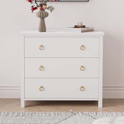 Thaookte Kommode Mit 3 Schubladen, Komodenschrank Mit Ringgriffen, Schubladenschrank, Aufbewahrungsschrank, Breite Kommode Holz Für Schlafzimmer, Flur, Wohnzimmer, Weiß