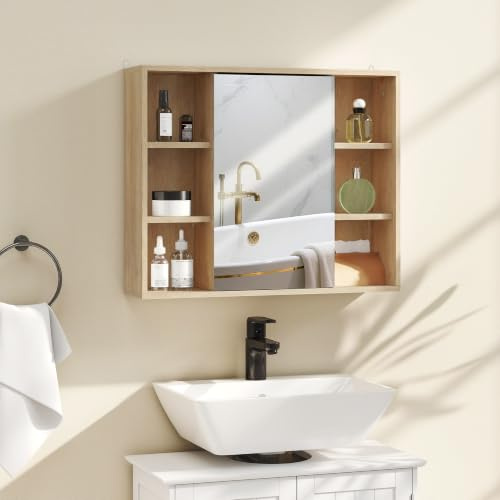 HOMCOM Armoire Murale Salle de Bain avec Miroir 60x14,5x49,4cm Naturel | Miroir Salle de Bain Avec Rangement, Placard à Portes et 6 Compartiments Ouverts