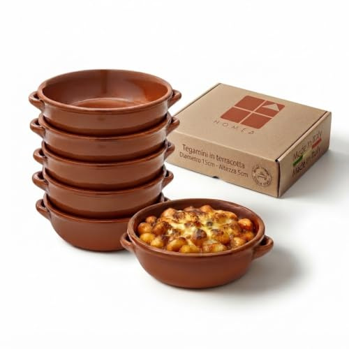 6 Tegamini in Terracotta Monoporzione con Manici 14x6 cm - Set Tegamini Coccio da Forno per Gnocchi, Parmigiana, Pasta al Forno e Zuppe, Terrine Rustiche Cucina Italiana, Made in Italy
