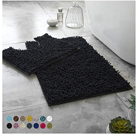 Lions Luxury 2 Piece Loop Bath Mats for Bathroom - Non Slip Chenille Bath Mat Set Rugs, Extra Soft with Water Absorbent Pedestal Bathmat Shower Toilet Mat, Black