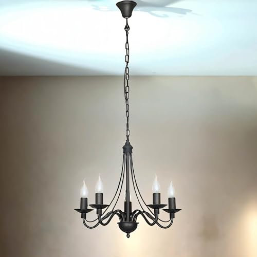 Kronleuchter klassisch Metall schwarz 5-flammig für Wohnzimmer Esszimmer 5xE14 elegantes Design Pendelleuchte Hängelampe Lüster