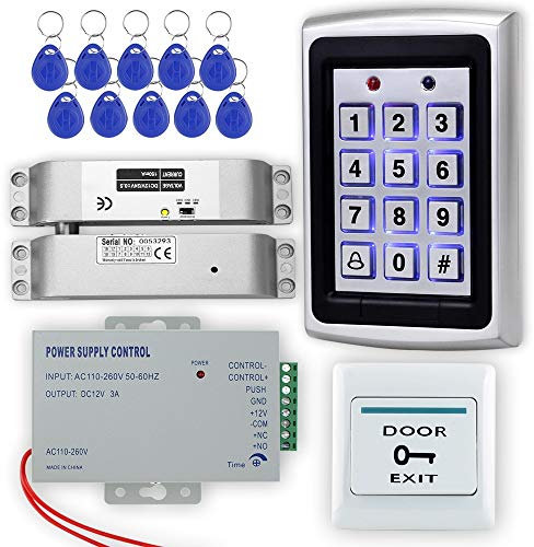 LIBO Kit Sistema di Controllo Accessi RFID Programmabile Tastiera Controller metallo + Serratura Elettrica DC 12V con Alimentatore 3A per la Sicurezza dell'entrata a Porta Singola + Portachiavi RFID