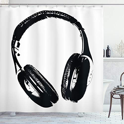 ABAKUHAUS Kopfhörer Duschvorhang, Grunge Musik Gerät Spaß, Stoffliches Gewebe Badezimmerdekorationsset mit Haken, 175 x 180 cm, Weiß Anthrazit grau