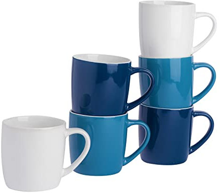 Argon Tableware Tea Coffee Mugs - 6pc Contemporary Coloured Ceramic Cups Set - 350ml - Navy Blue White