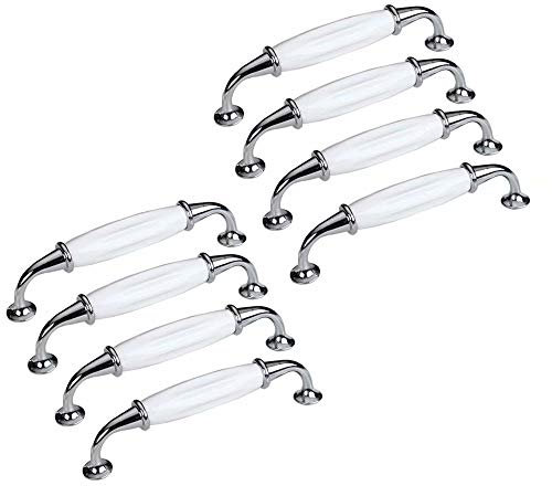 Creatwls Kitchen Cupboard Cabinet Door Handle White Ceramic Pulls Furniture Dresser Decorative Chrome-Plated Knob Bow Handle Furniture Fitting Handles, 8 pcs, Single Hole, Hole Centers 5.04