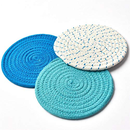 Shiwaki 7 Pouces 3 pièces sous-Verres absorbants tressés en Tissu de Ferme .Matériau en Fil de Coton.Potoir, Porte-gobelet à thé, Coussin d'isolation Thermique - Série Bleue