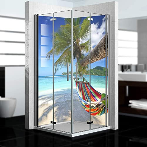 dedeco Eck-Duschrückwand wasserfest Motiv: Strand V4, UV-Lack glänzend, 2 x 90x200 cm, Badrückwand, Fliesenersatz fugenlos Wandverkleidung Duschplatte Duschrückwände aus Aluminium, Made in Germany
