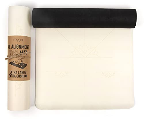 Myga Große Ausrichtungsmatte mit Körperausrichtungslinien, umweltfreundliche, rutschfeste Yogamatte, hochdichte PU-Polsterung (205cm x 70cm x 6mm) Creme
