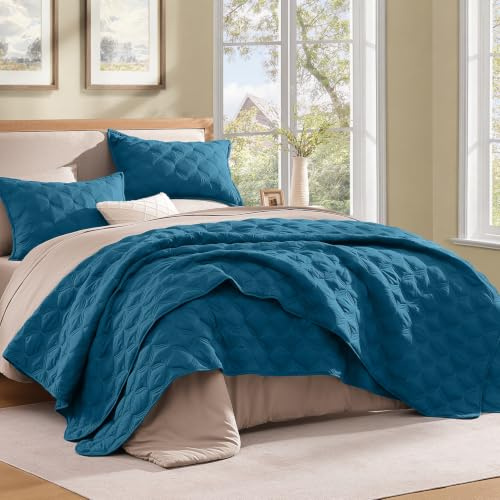 Litanika Set di biancheria da letto per letto king size, con copripiumino estivo e copriletto, colore turchese, per tutte le stagioni, 3 pezzi (1 trapunta, 2 federe)