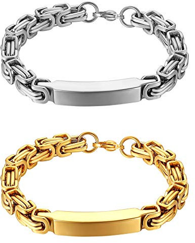 JewelryWe Schmuck 2pcs Herren Armband mit Königkette, Personalisierte Edelstahl Byzantinisch Kette Armreif Armspange mit Gravur Geschenk für Männer