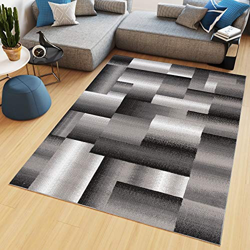 TAPISO Maya Kollektion Teppich Kurzflor Modern Vierecke Streifen Design Schwarz Grau Creme Meliert Verwischt Wohnzimmer Schlafzimmer ÖKOTEX 80 x 150 cm