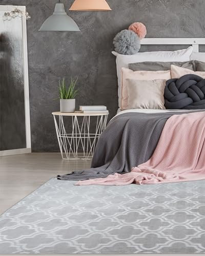 Qiyano Kifalme Teppich Grau 80 x 150 cm, Flauschiger Kurzflor Teppich Wohnzimmer & Schlafzimmer, 3D Optik, Marokkanisches Muster, Pflegeleicht, Florhöhe ca. 7 mm