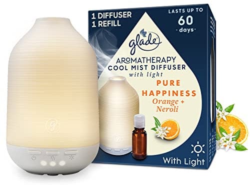 Glade Essential Oil Diffuser Holder & Refill, Cool Mist Aromatherapy Diffuser & Air Freshener for Home, Pure Happiness with Orange + Neroli, 1 Holder + 17.4ml Refill