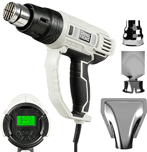 Garage Freaks Pistola ad aria calda elettrica con indicatore LCD, cavo da 5 metri, 2000 Watt Temperatura della pistola termica e flusso d'aria regolabili da 60 a 600° C, incl. 3 ugelli di fissaggio