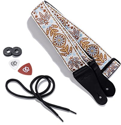 KLIQ Vintage Gewebter Gitarrengurt für Akustik- und E-Gitarren, Klassischer Hippie-Stil, Weiß und Blau, Klassisch