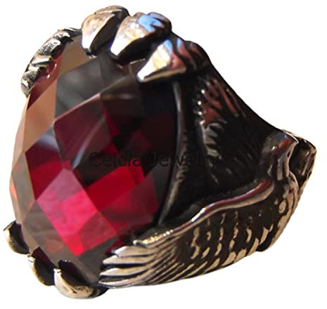 Natürlicher roter Rubin-Edelstein-Checker-Ovalring, einzigartiges Adler-Design Tierschmuck, Statement-Ring, oxidierter Silberring, Vatertagsgeschenke, Juli-Geburtsstein (Rubin-Checker-Schliff)