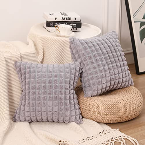 Mandioo 2er Set Super Soft Plüsch Faux Pelz Dekokissen Kissenbezüge 50x50 cm Hellgrau, Plaid Textur Moderne Luxus Kissenbezug Sofakissen Dekorativ Couchkissen Kissenhülle für Sofa Couch Wohnzimmer