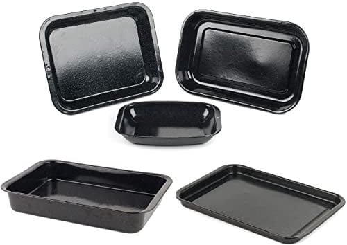 Russell Hobbs COMBO-8235A Baking Tray and Roaster Set, 5 Piece Vitreous Enamel Coated Steel Pans, with Roasting Tins, Chop Tray, Flat Oven Sheet, Easy Clean, Romano Collection, Black