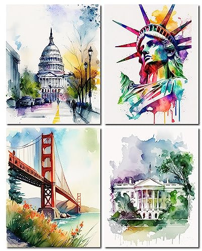 Wandkunstdrucke ungerahmt 20.3x25.4 cm – Set mit 4 Postern für Raumdekoration, ästhetisch, flippige Wandkunst für Wohnzimmer und Badezimmer, moderne Küche, Wandkunst (Aquarell-Skizze USA)