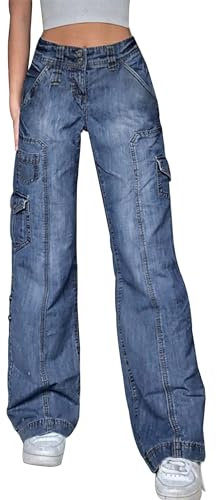 Kisswow Pantalon cargo à jambe droite pour femme avec taille élastique, Nouvelles poches irrégulières bleues, Taille XL