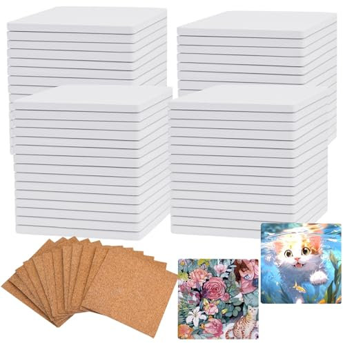 COYMOS 60 Pcs Ceramic Tiles for Crafts White Ceramic Coasters for Crafts Blank Unglazed Ceramic Tiles 4x4 for Painting, Alcohol Ink, Acrylic Pouring, DIY Coaster, Cork Backing Pads Included
