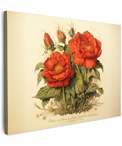 MuchoWow© Impression sur Toile Decoration Murale Peinture 40x30 cm Tableaux Decoratifs Muraux Déco Chambre Tableau Salon Vintage - Fleurs - Roses - Rouge - Beige